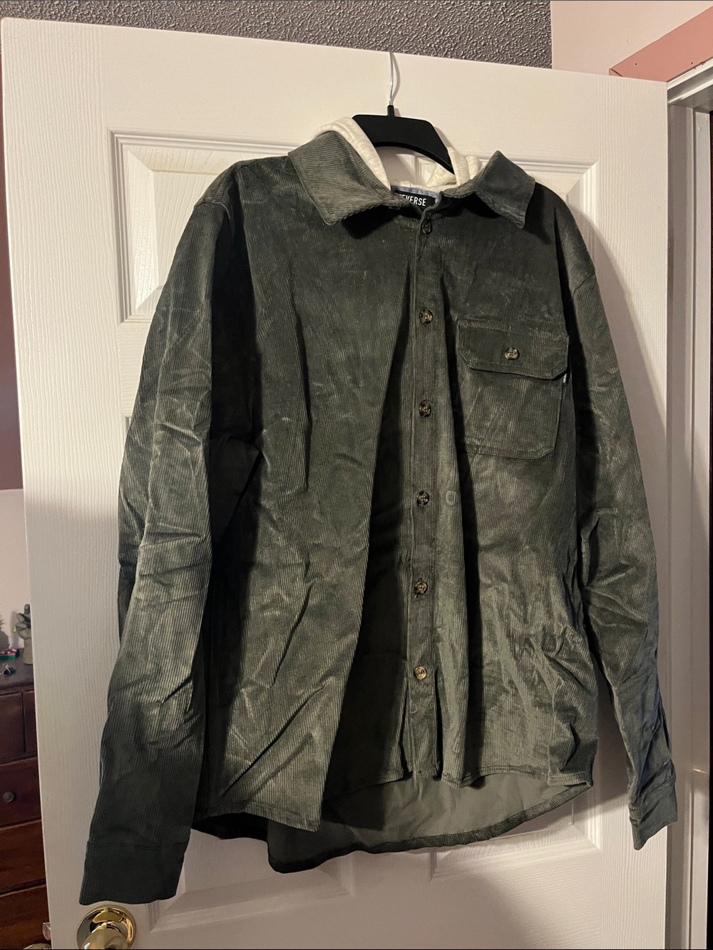 Mens Corduroy Sherpa-Lined Button-Front Jacket - Dark Green
